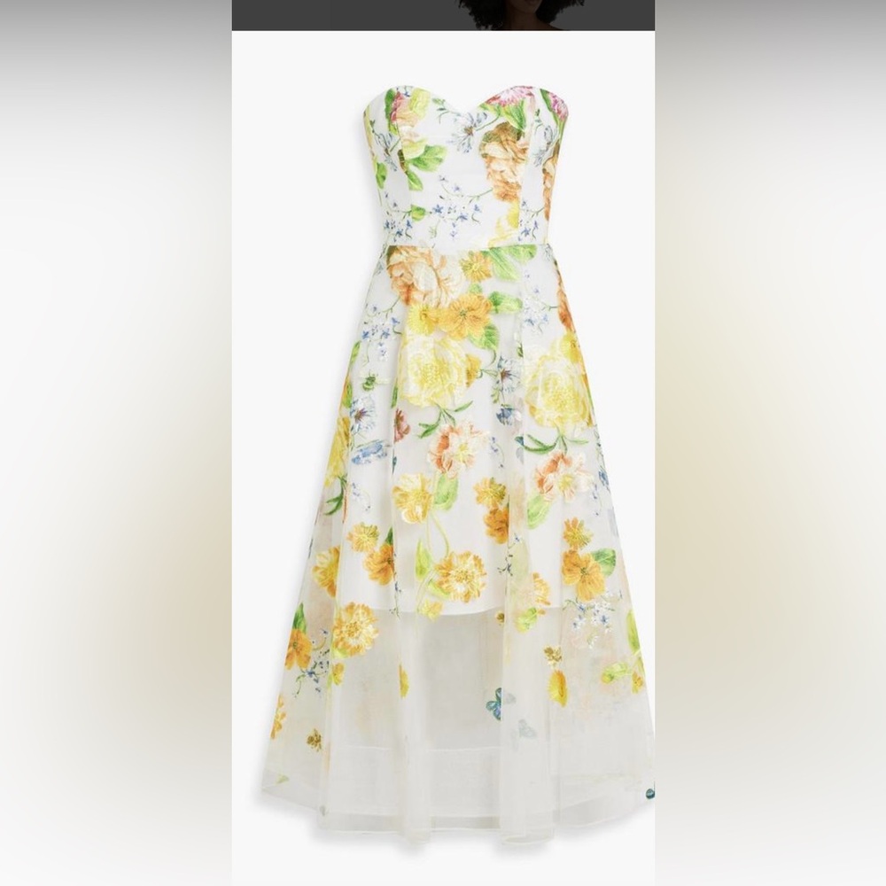 Marchesa Notte Strapless Floral A-Line Midi Tulle Dress